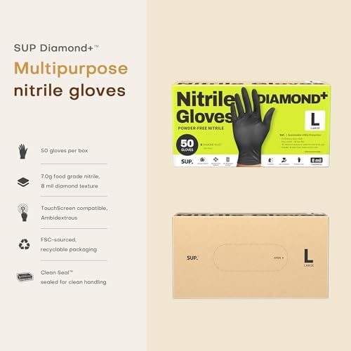 SUPER+ HEAVY DUTY Nitrile Gloves 8 Mil Diamond Texture Disposable Chemical Resistant Powder &Latex Free Food Safe Black 50 Ct