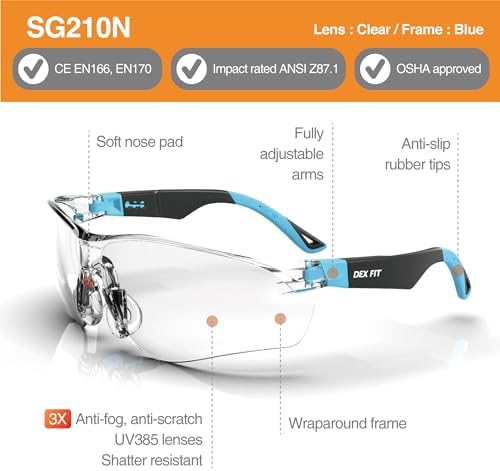 DEX FIT Safety Glasses SG210 Series - Anti-Fog & Scratch Resistant Z87.1 Certified, Adjustable Temples