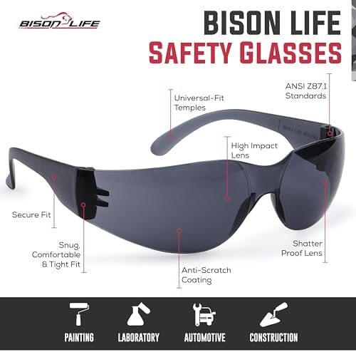 BISON LIFE Black Safety Glasses for Men & Women, Bulk, ANSI Z87.1, 144 Pack