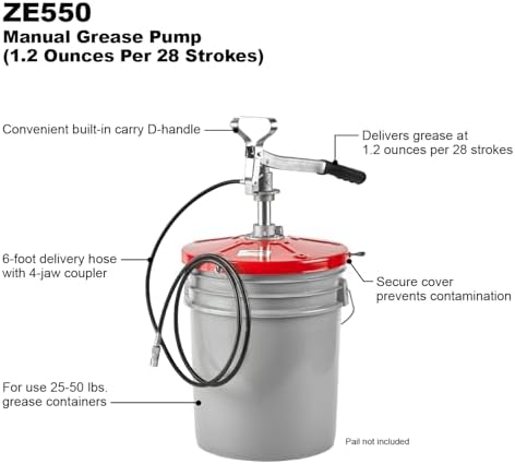 Zeeline By Milton ZE550, Grease Pump, 1.2 Ounces Per 28 Strokes, Designed To Fit 25-50 LBS of Grease, Manual Grease Pump with Carrying Handle, Maximum Output Pressure 3500 PSI