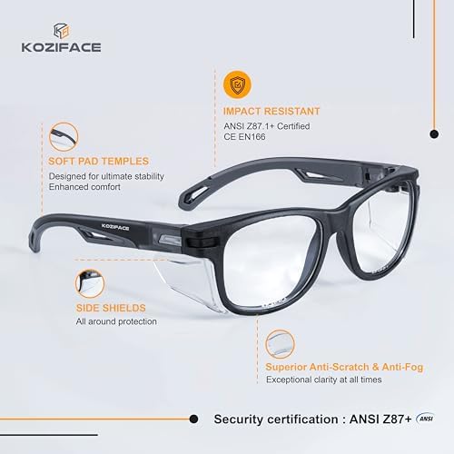 KOZIFACE E52 Anti-Fog Safety Glasses, ANSI Z87.1 Eye Protection with Side Shields, Clear Lens, Lightweight for Work, Lab DIY