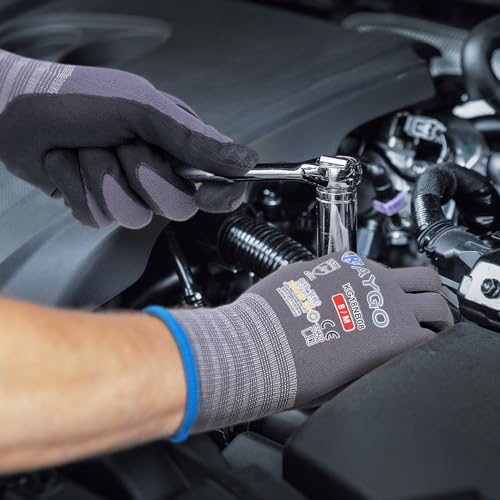 Safety Work Gloves MicroFoam Nitrile Coated-12 Pairs,KAYGO KG18NB,Seamless Knit Nylon Glove with Black Micro-Foam Nitrile Grip,Ideal for General Purpose,Automotive,Home Improvement, Red
