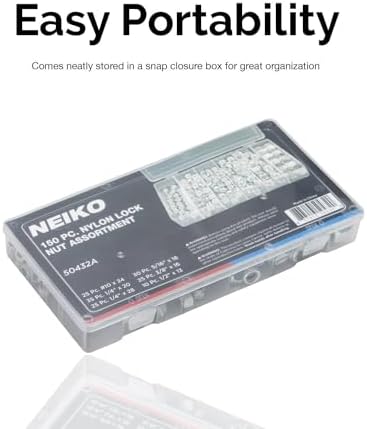 NEIKO 50432A Hex Nut Assortment Set | 150 Pc Nylon Locking Nuts | A3 Steel Hex Assorted Hardware Kit #10 & SAE | Metal Screw Nut for Bolts | Friction Lock Nut