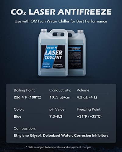 OMTech CO2 Laser Coolant Non Conductive Liquid Cooler Heat Transfer Fluid for Laser Engraver Water Chiller, Prediluted Antifreeze Coolant for Laser Tubes, 2×1 gal Transparent Water Cooling Solution