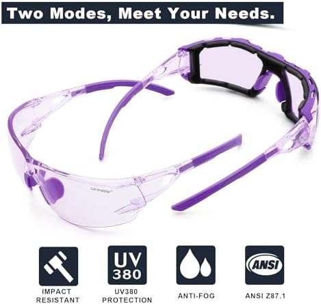 UKNOW Safety Glasses - Anti Fog Wraparound Lenses - Removable Foam Gasket - ANSI Z87.1 Protective Eyewear - Impact Resistant