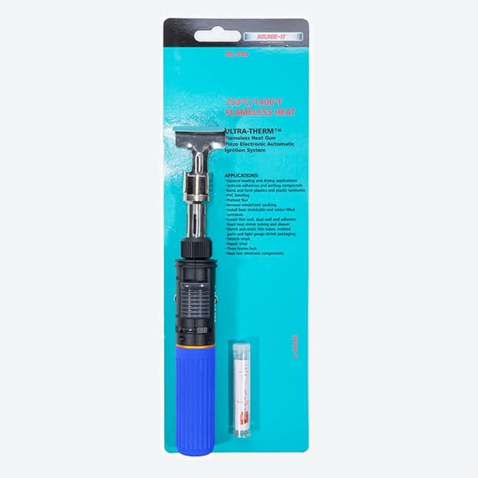 Solder-It Blue Ultra Therm Flameless Heat Gun (MJ-950) | Cordless Heat Gun with Wide Nozzle | Heavy Duty with 20 mL Butane Refill Tank | Mini Heat Gun for Crafts, Heat Shrink, and PVC Bending