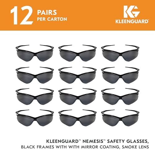 KleenGuard™ V30 Nemesis™ Safety Glasses (25688), with Mirror Coating, Smoke Lenses, Black Frame, Unisex Sunglasses for Men and Women (Qty 12)