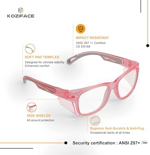 KOZIFACE E52 Anti-Fog Safety Glasses, ANSI Z87.1 Eye Protection with Side Shields, Clear Lens, Lightweight for Work, Lab DIY