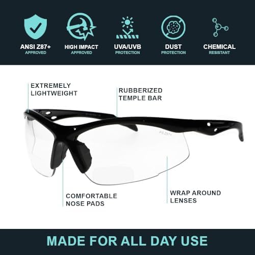 Bifocal Safety Glasses - Safety Lenses with Readers for Healthcare, Woodworkers, Motorcyclists, Workshop - Ansi Z87+