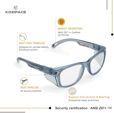 KOZIFACE E52 Anti-Fog Safety Glasses, ANSI Z87.1 Eye Protection with Side Shields, Clear Lens, Lightweight for Work, Lab DIY