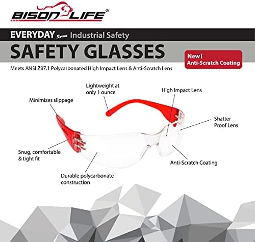 BISON LIFE Clear/Red Safety Glasses for Men & Women, ANSI Z87.1, 12 Pack