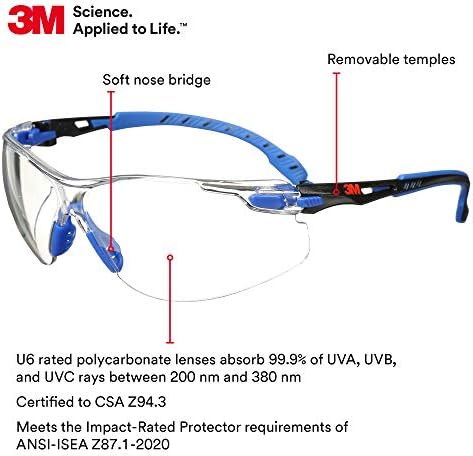 3M Safety Glasses, Solus 1000, Scotchgard Clear Lens, Blue/Black Frame