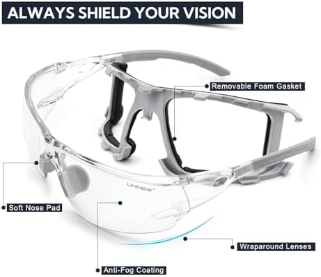 UKNOW Safety Glasses - Anti Fog Wraparound Lenses - Removable Foam Gasket - ANSI Z87.1 Protective Eyewear - Impact Resistant