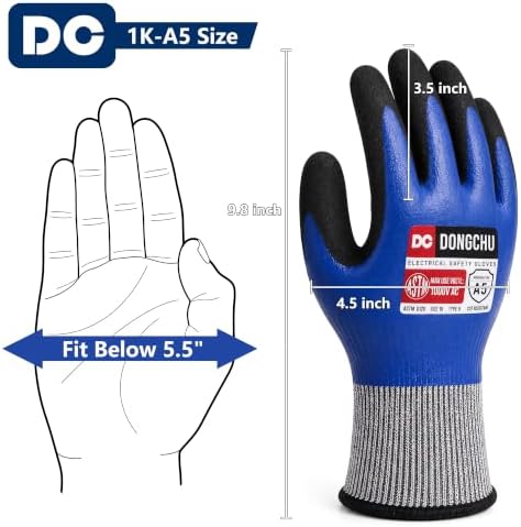 DongChu 1000V Insulated Electrician Gloves, ANSI A5 Cut Resistant Work Gloves, Double-Layer Nitrile Coated with Touch-Screen, HPPE Safety Gloves for Home Electrical Repair, DIY