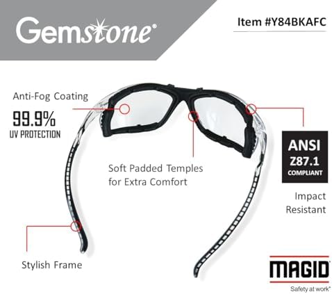 MAGID Gemstone Onyx Foam Lined Safety Glasses, ANSI Z87.1, Removable Foam Seal Blocks Dust & Debris, Anti-Fog UV Protection, Indoor & Outdoor Lens, Black Frame, 48 Pairs, Y84
