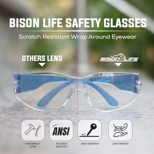 BISON LIFE Clear/Blue Safety Glasses for Men & Women, ANSI Z87.1, 6 Pack