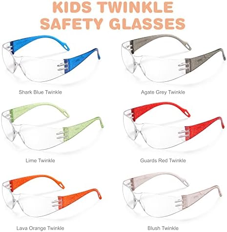 Kids Safety Glasses 24 Pack, Scratch, Impact Resistant Safety Goggles with Clear Lens Assorted Twinkle Color Frame, Eyewear for Lab, Sports,Shooting, Landscaping, Child Youth Size
