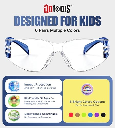 antools 6 Pack Kids Safety Glasses, ANSI Z87.1 & EN166 Certified Youth Protective Eyewear, Anti-Fog UV Protection, Scratch-Resistant, Lightweight for School, DIY & Outdoor Activities, Multicolor