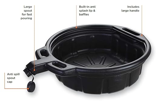 Groz 41960 4.25 Gallon Oil Drain Pan - with Spout Cap, Durable HDPE Construction, Spill-Proof Design for Auto Shops and Garages, Black Color