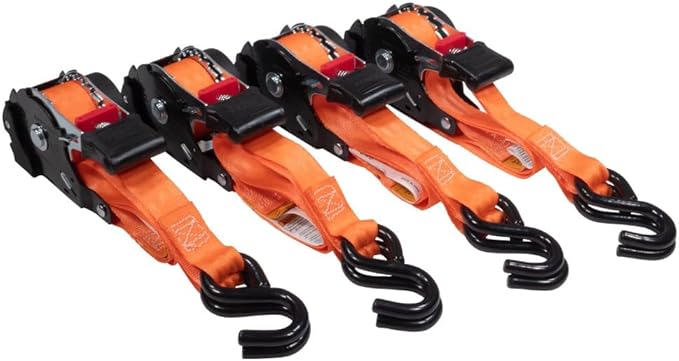 Mytee Products 8 Pack Orange Auto Retract NO-RATCHETING Ratchet Straps | 1" x 12' Retractable Ratchet Straps with Zinc Coated S Hook Tiedowns for Motorcycles, ATVs, Bikes, Trailer Tie-Down