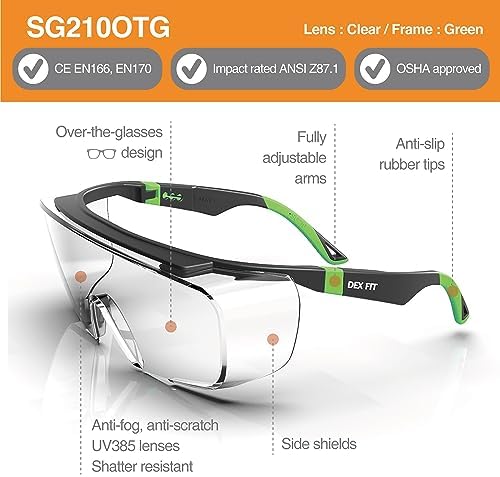 DEX FIT Safety Glasses SG210 Series - Anti-Fog & Scratch Resistant Z87.1 Certified, Adjustable Temples