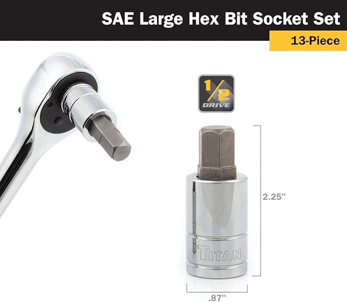 Titan 16156 SAE Large Hex Bit Socket Set – 6 Piece