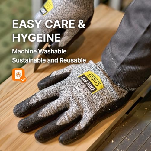 DEX FIT Level 5 Cut Resistant Gloves Cru553 Anti-Static, 3D Comfort Fit A5 Safety Work Gloves with Grip, Thin Touchscreen Gloves for Warehouse, Package Handling, Premium Black, S, 3 Pairs