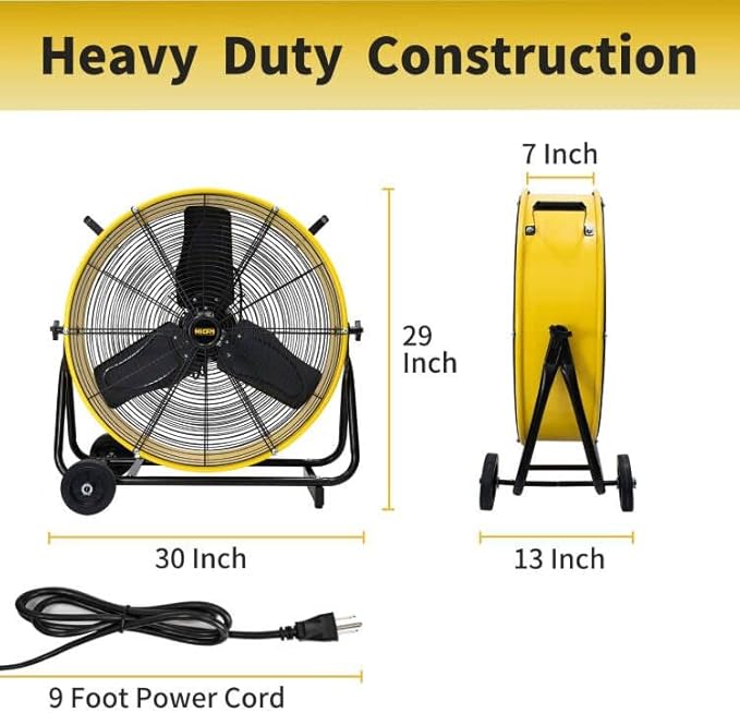 HiCFM 24 inch Enclosed Motor Drum Fan with TEAO Sealed Powerful 1/3HP Motor, 9 Feet Cord, 9200 CFM 2-Speeds High Velocity, safety yellow Shop Fan, 180 Degree Tilting, Move Much Air, UL Approved
