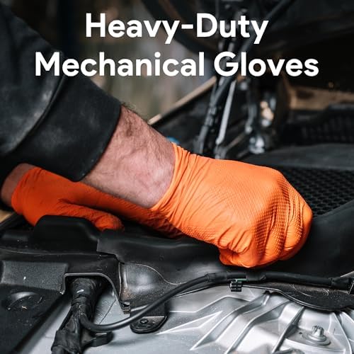 WECARE 8 Mil Nitrile Gloves - Heavy Duty Mechanic Gloves, with Diamond Grip - Powder and Latex Free Disposable Gloves