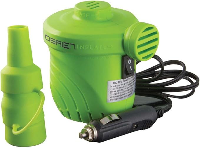 O’Brien 12V Compact Inflator – Portable 12V DC Air Pump with 3 Nozzles & 7ft Power Cord – Ideal for Pool Floats, Inflatables, Boat Tubes