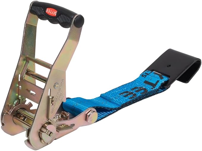 Mytee Products 4 Pack 2" x 120" Car Tie Down Straps for Trailer with Flat Hook - 3333 LB WLL Blue Lasso Style Tire Strap for Car Trailer with Ratchets - Vehicle Tie Down Wheel Straps for Hauling Cars
