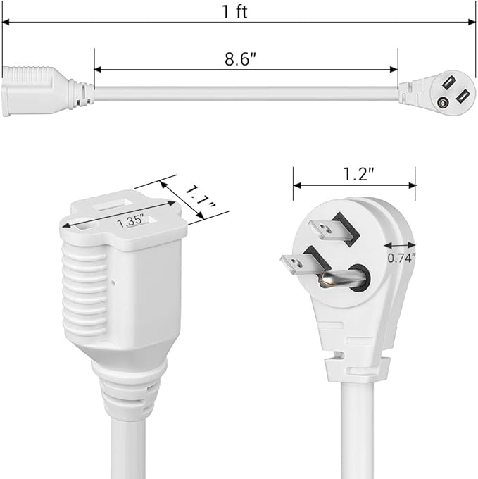 DEWENWILS 1FT Extension Cord Indoor, 14 Gauge Short Flat Plug Extension Cord White with 3 Prong, Low Profile Power Cable SJT, ETL Listed, 3 Pack