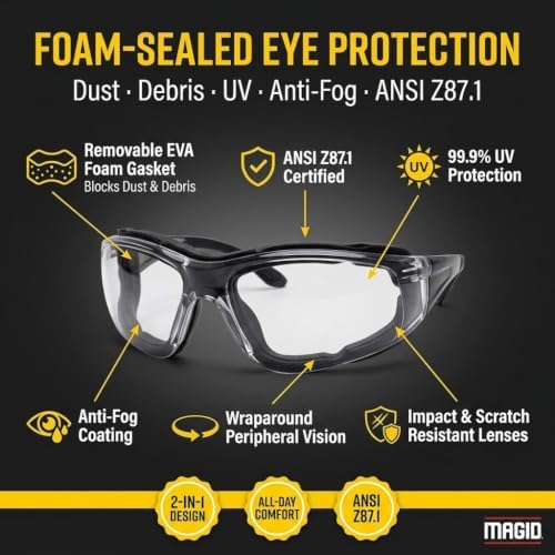 MAGID Foam Lined Safety Glasses, Anti-Fog, ANSI Z87+ Compliant, 1 Pair
