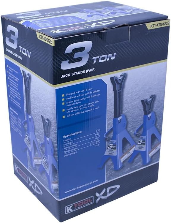 K Tool International XD61202 3 Ton Automotive Jack Stands for Garages, Repair Shops, and DIY, Lightweight, 6,000lbs. Capacity, Heavy Duty Steel Frame, Adjustable Height 10.4"-16.7", Black/Blue, Pair