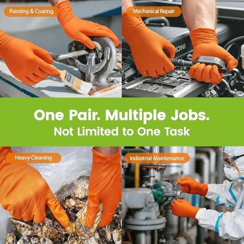 TREEGO 10 Mil Heavy Duty Orange Nitrile Mechanic Gloves, 50 Count XL