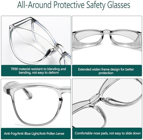 Feaglo Safety Glasses, Anti Fog Safety Goggles for Women Men, Blue Light Blocking Stylish Eye Protection Glasses Side Shield