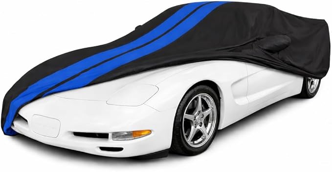 SR1 Performance USA C5 Corvette Car Cover Custom Fit Outdoor/Indoor UV Rain Protection - Ultraguard Plus 300 Denier High End for 1997-2004 C5 Coupe, Convertible, Z06 (Black with Blue Stripes)