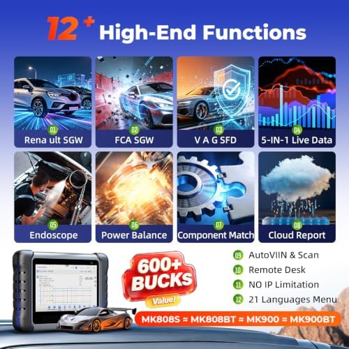 Autel Scanner MaxiCOM MK808S: 2026 Bidirectional Tool as MaxiCheck MX900 MK900BT MK808BT Pro MX808S 808Z, 28+ Service for 200+ Brands, 3000+ Active Test, All System Diagnose, Injector, FCA & SGW OS 11