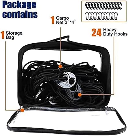 3'x4'Roof Rack Cargo Net, Mesh Bungee Net Stretches to 6'x8' for Rooftop Cargo Basket|12 Metal Carabiners + 12 Hooks Holds Loads Tighter