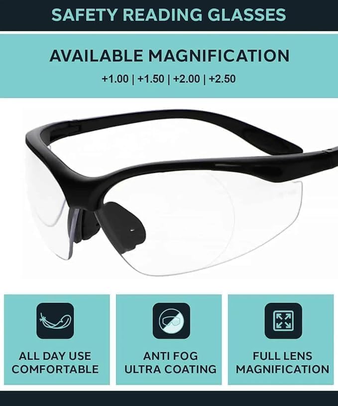 Full Lens Magnifying Safety Reading Glasses, Black Frame, Clear Lens