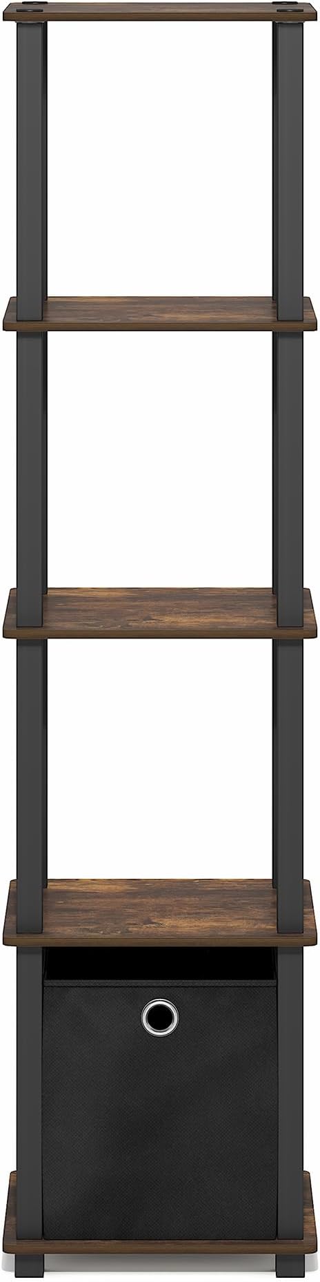 Furinno Turn-N-Tube Book Shelf, 5-Tier Square Open Frame Display Shelf, Corner Storage Shelves with Storage Bin, Shelving Unit, for Organization, Living Room, Garage, Home Office, Amber Pine