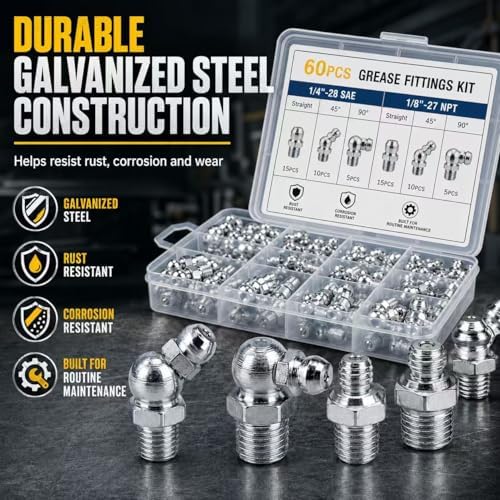 AKEOIL 60Pcs SAE & NPT Grease Fittings Kit, 1/4"-28 and 1/8"-27 Grease Zerk Fittings Assortment, Straight 45° 90° Grease Nipples with Storage Case for Automotive, Tractors and Machinery