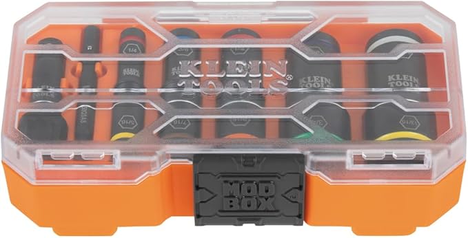 Klein Tools 65618 KNECT Flip-10 SAE Impact Socket Set, Deep Depth with 5 Color-Coded Flip Sockets, 10 SAE Sizes, 1/4 and 3/8-Inch Adapters and MODbox Case