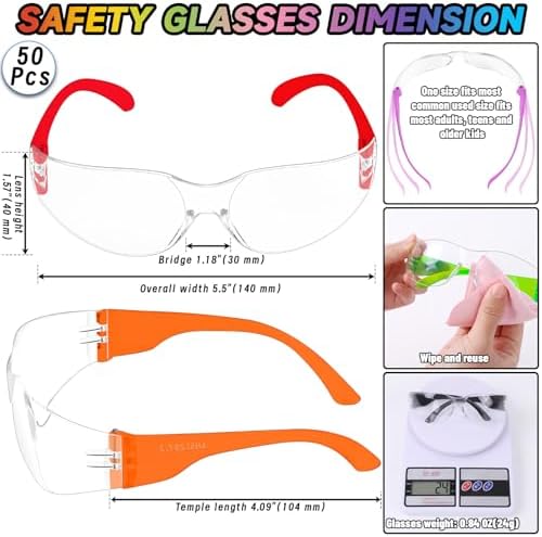 50 PCS 8 Colors Clear Safety Glasses Bulk Unisex, ANSI Z87.1 Safety Goggles