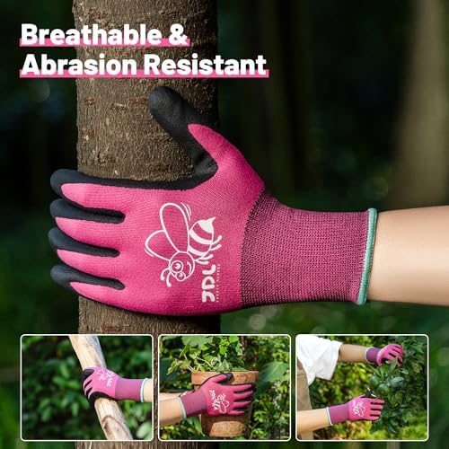 JDL 12 Pairs Nylon Nitrile Coated Gardening Gloves for Women, Touchscreen Yard Garden Gloves, Breathable Safety Work Gloves with Grip, Pink, Medium
