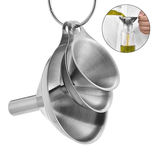 3 in 1 Metal Funnels for Filling Bottles Stainless Steel Small Kitchen Funnel Set for Transferring Essential Oils Liquid Fluid Spice Dry Ingredients Powder, Durable (Short-Handled Funnel)
