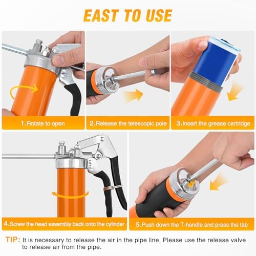 GOOACC Grease Gun 8000 PSI Heavy Duty 14oz Pistol Grip Grease Gun Kit with 18" Spring Flex Hose Sharp Type Nozzle Normal Coupler Rigid Pipe Manual Grease Guns for Greasing Automotive Marine, Orange