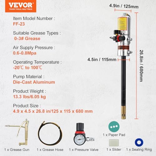 VEVOR Grease Pump, Air Grease Pump with 13 ft High Pressure Hose and Grease Gun, Pneumatic Grease Pump, Portable Lubrication Grease Pump with 360° Swivel Grease Gun Head