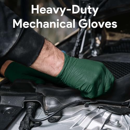 WECARE 8 Mil Nitrile Gloves - Heavy Duty Mechanic Gloves, with Diamond Grip - Powder and Latex Free Disposable Gloves