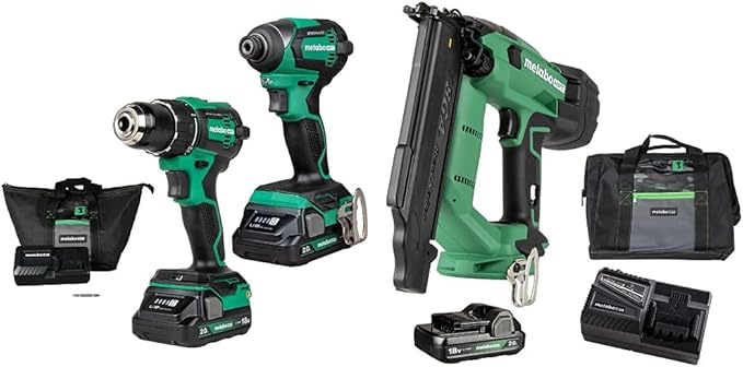 Bundle of Metabo HPT 18V MultiVolt™ Cordless Brushless Driver Drill & Impact Driver Combo Kit | KC18DEXQB + Metabo HPT 18V MultiVolt™ Cordless 18 Gauge Brad Nailer Kit | NT1850DFT